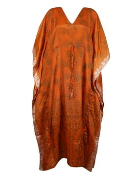 Mogul Women Maxi Caftan Dress, Orange Print Resort Beach Cover ups Resort Lounge wear Sari Caftan Dress 2XL