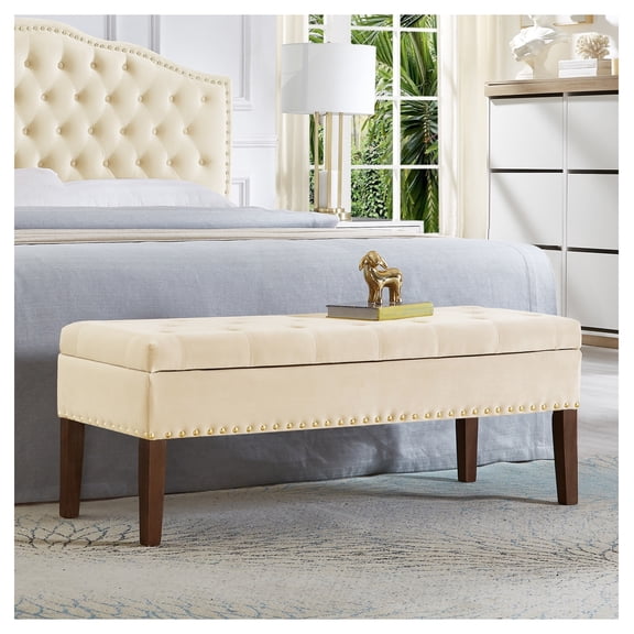 Tufted Storage Bench, 48” Velvet Ottoman with Nailhead Trim, Bedroom Bench with Lift-Top Storage, Plush Seating for Entryway, Living Room Cream