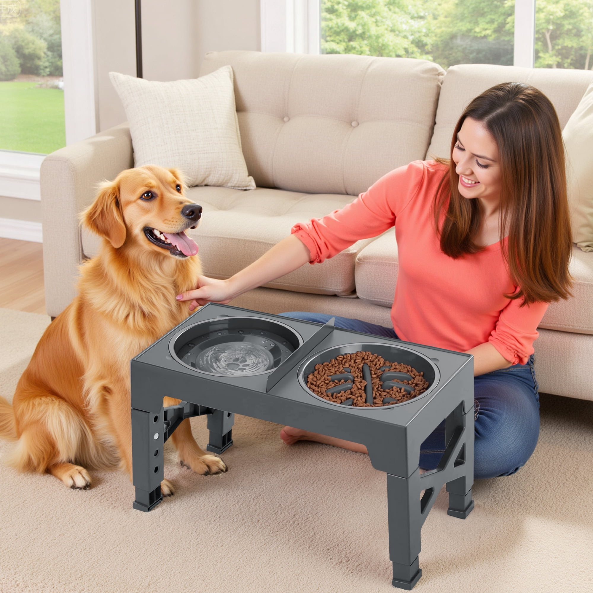 GARITIN Elevated Dog Bowls for Large Dogs, Slow Feeder Dog Food and Water Bowls for Dogs No Spilling, Plastic Raised Dog Bowls with Stand for Medium Dog, Cats and Pets