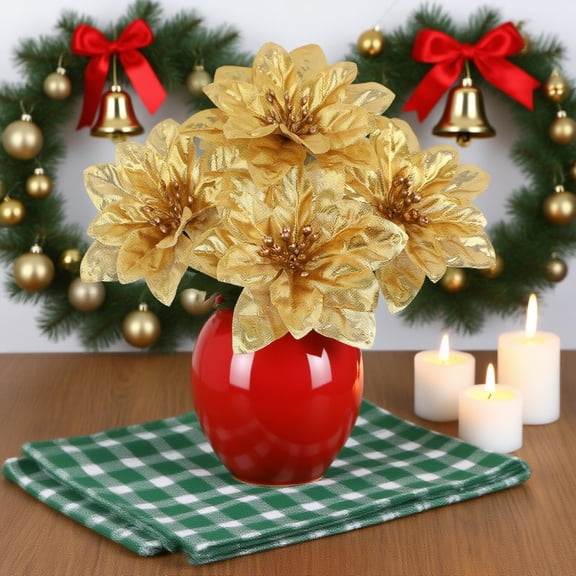 Christmas Artificial Poinsettia Flowers - Holiday Poinsettia Bouquet Xmas Floral Arrangements, Artificial Flowers for Xmas Tree Ornaments Vase Filler and Winter Decor