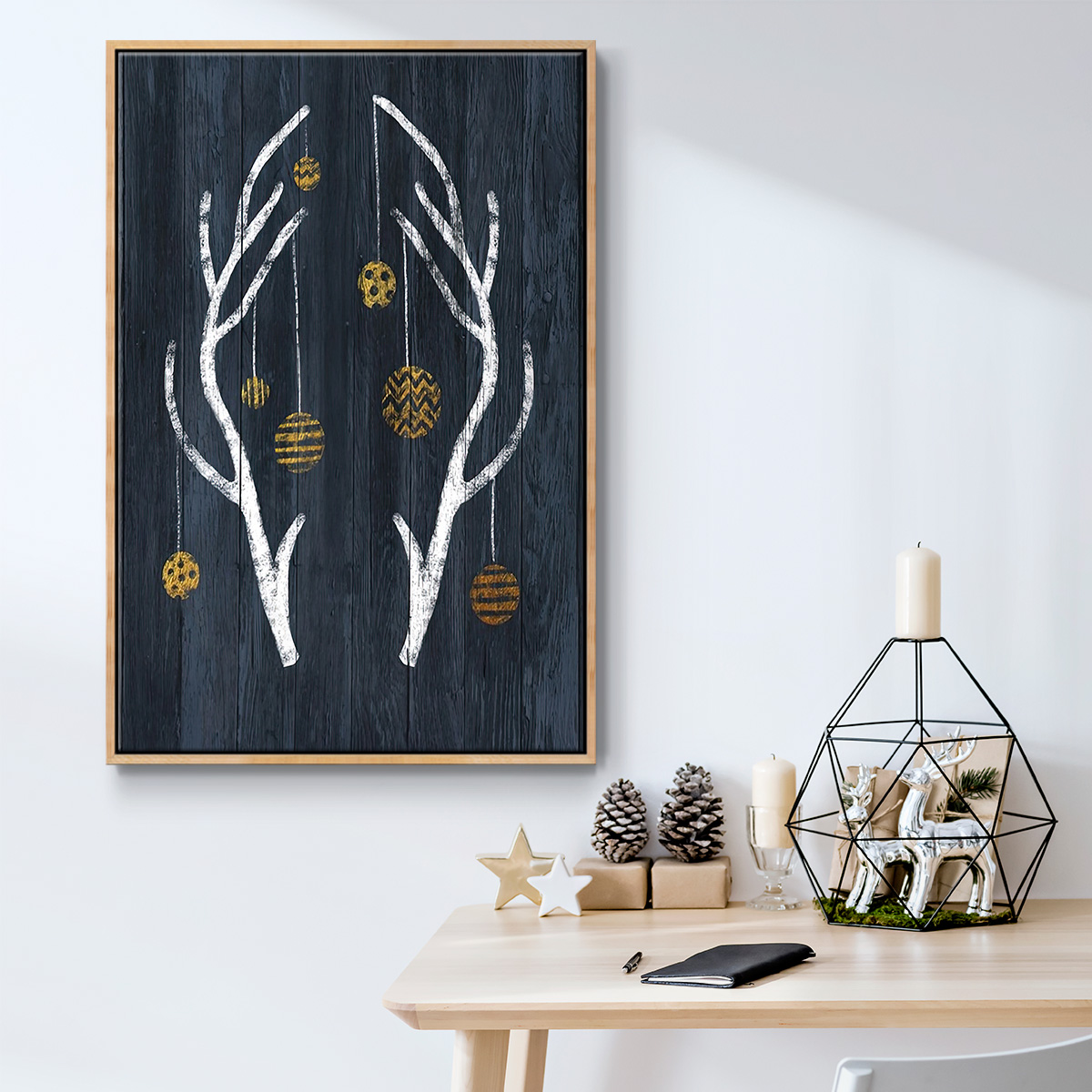 Antlers & Ornaments - Framed Gallery Wrapped Holiday Canvas - 17 x 25 - Natural Wood Frame