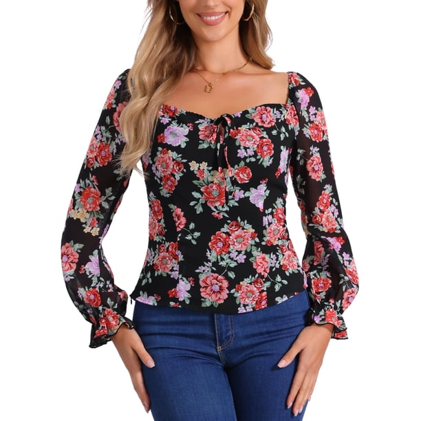INSPIRAR CHIC Blusa Elegante de Manga Larga con Cuello Cuadrado y Fruncido Floral para Mujeres XL Negra