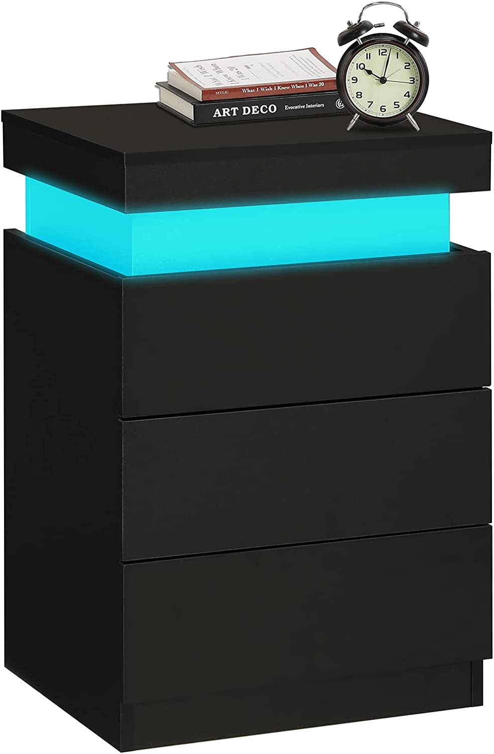 YIJIA 3 Drawers Nightstand with Charging Station and LED Lights
