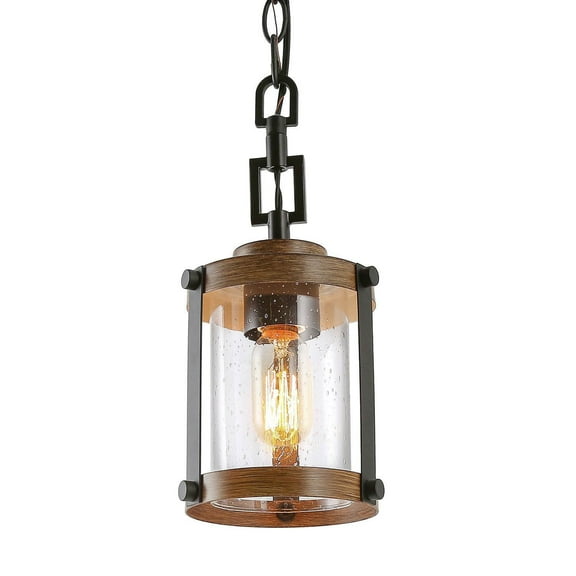 LNC 1-Light Farmhouse Matte Black and Nature Wood Brown with Seeded Glass Cylinder Mini Chandelier