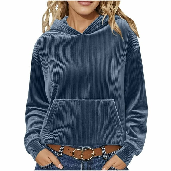Womens Hoodies Corduroy Tops Casual Rund Neck Sweatshirts Fall Winter Comfy Warm Sweaters Solid Color Hooded Sweatshirt Long Sleeve Blouses Pullover Top