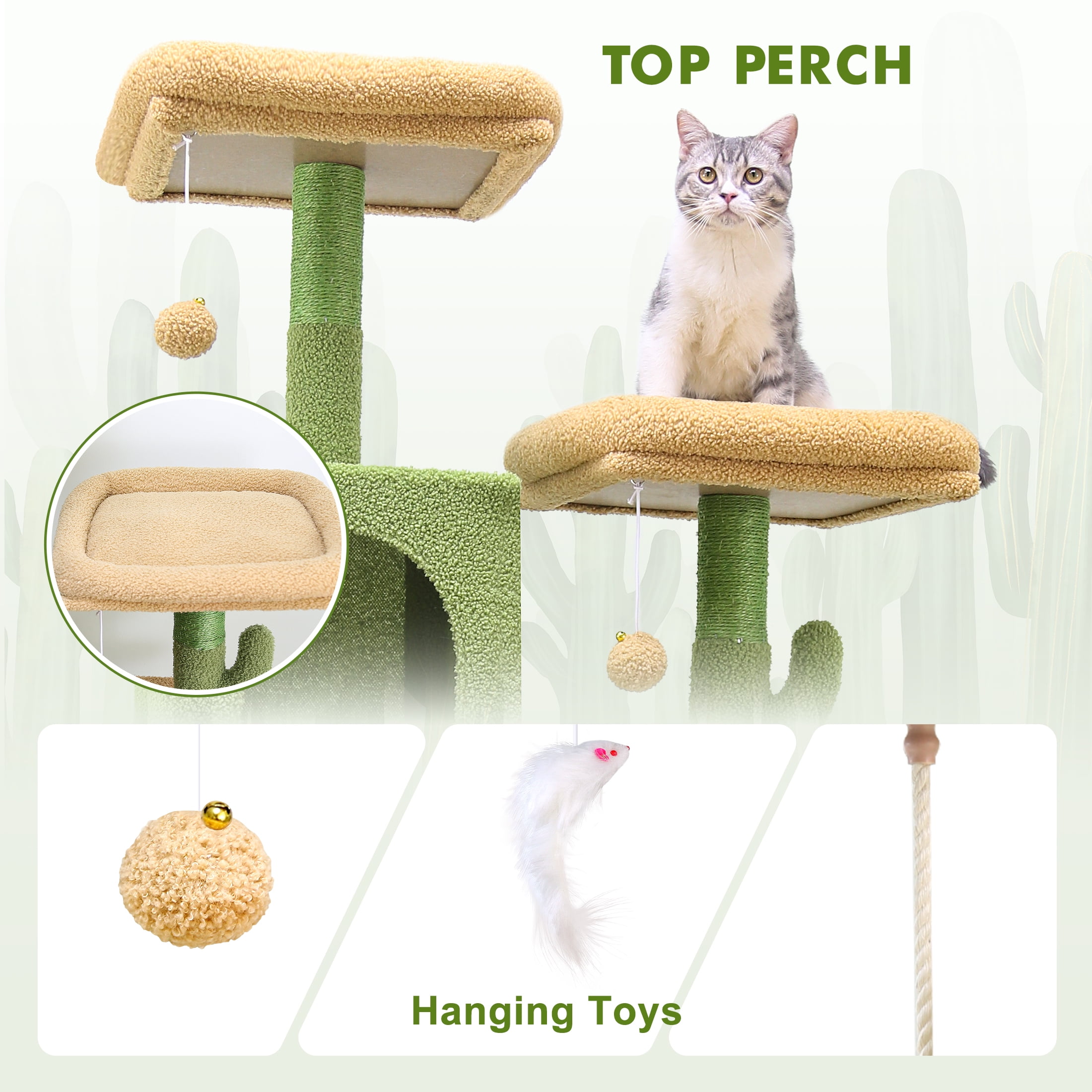 CT77F Cactus Cat Tree Tower | 76" Extra Tall Multi-Level Cat Castle with Cozy Condos, Perches, and Interactive Toys for Large Cats | Ideal for Climbing and Scratching