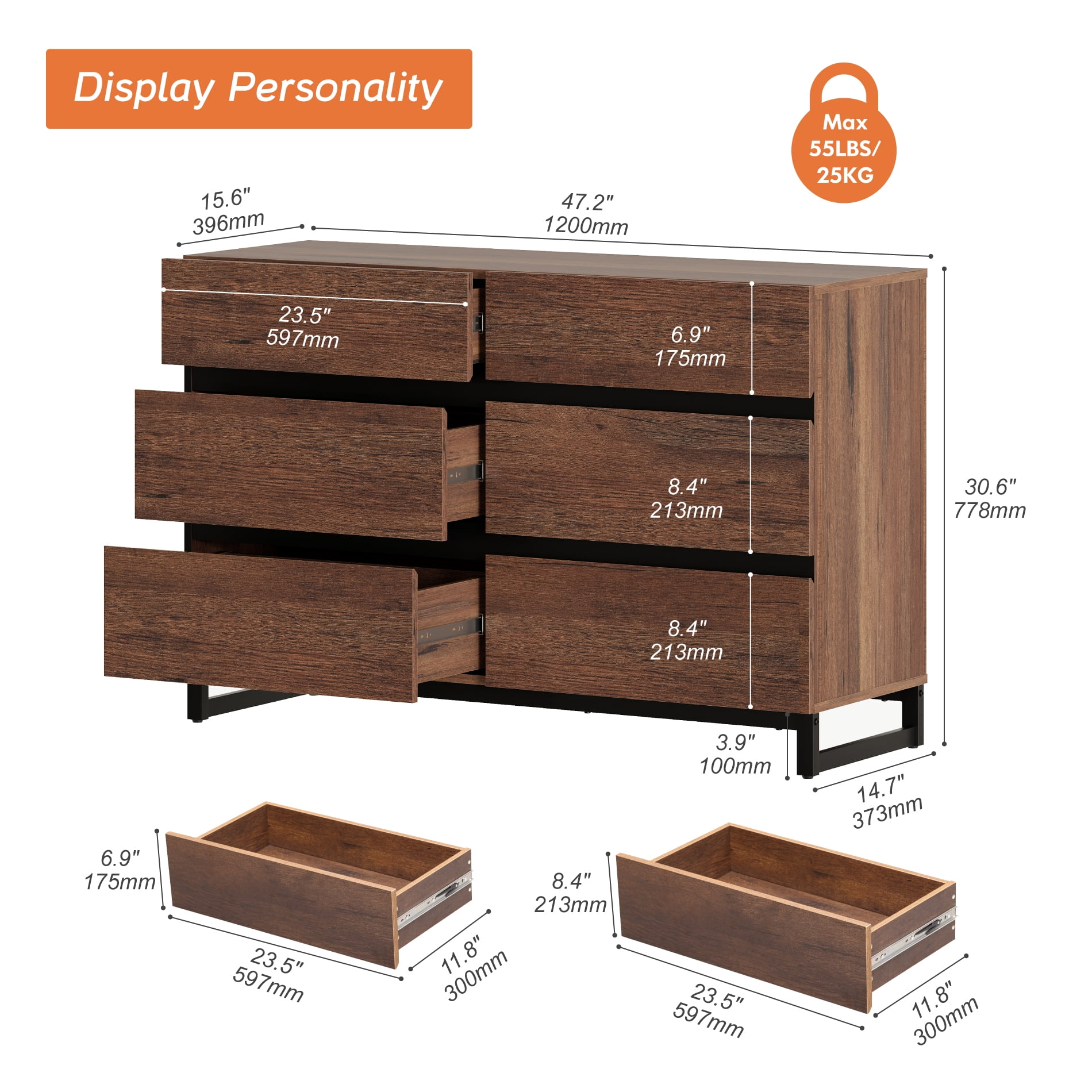 Modern 12 Drawers Storage Dresser with Adjustable Shelf and Metal Base, 3 In 1 Household Chest of Drawers, Closet Organizer Cabinet for Bedroom,Brown