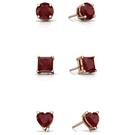Paris Jewelry 18k Rose Gold 3Ct 8mm Created Ruby 3 Pair Round Square and Heart Stud Earrings Plated