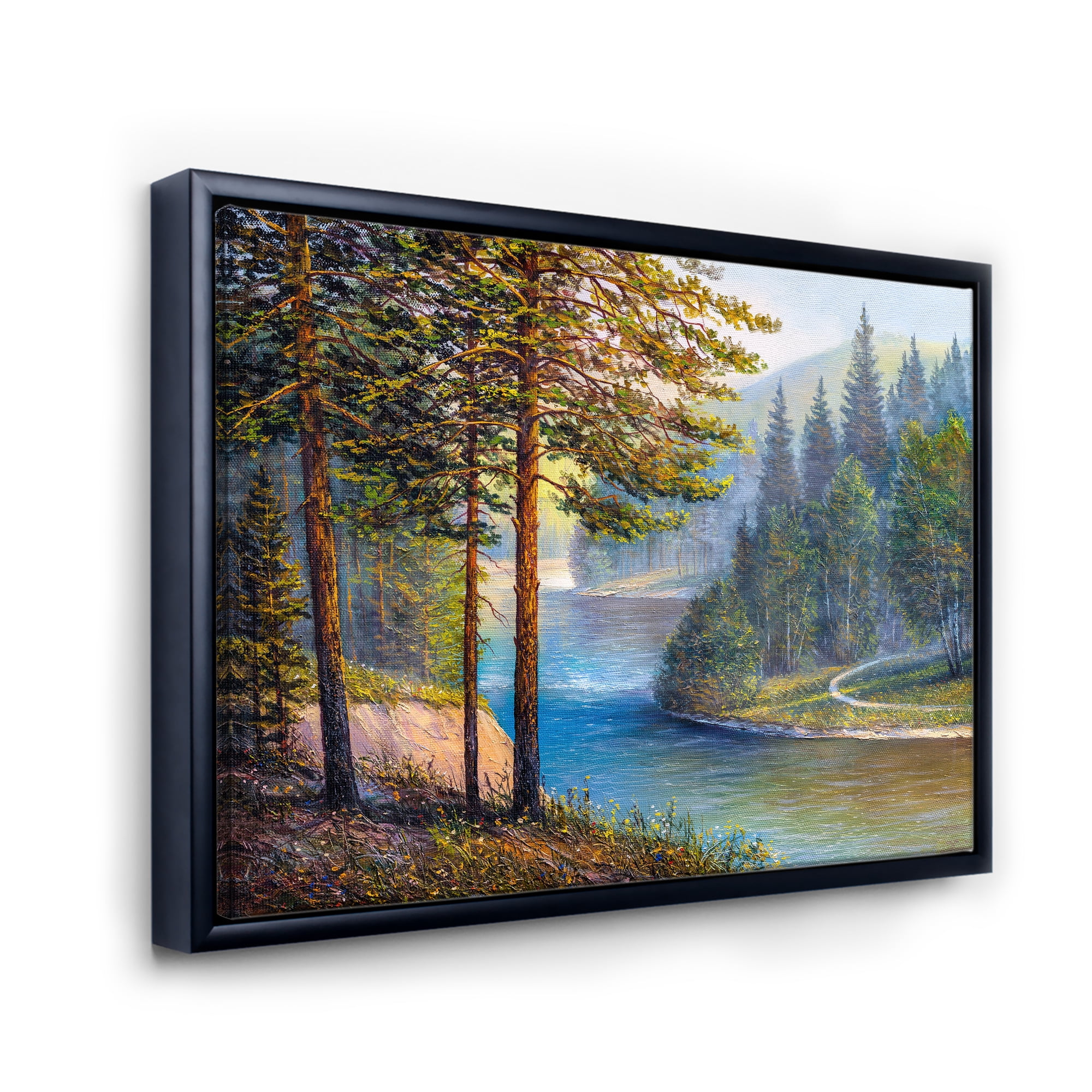 Designart 'Sunrise Glow Through The Pine & Fir Forest' Lake House Framed Canvas Wall Art Print