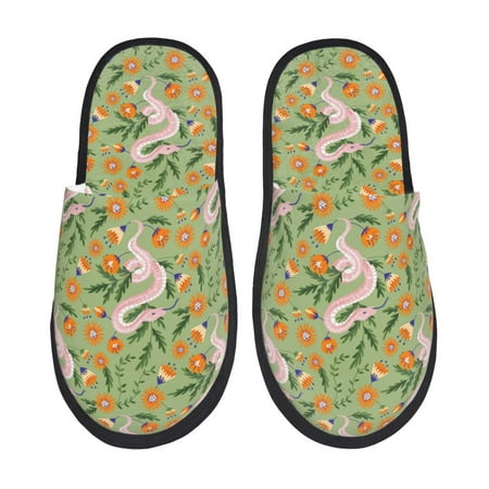 Balery Snake And Floral Slient Indoor Furry Fleece Comfort House Shoes Soft Non-Slip Home Shoes Cotton slippers House Slippers-- Large