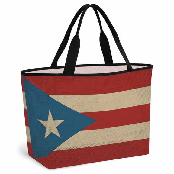 Puerto Rico Flag Beach Bag for Women, Large Breathable Mesh Beach Tote Bag, Red Blue Vintage Sandproof Lightweight Travel Bags for Vacation Picnic Swimming Pool 15.7"x15.7"x9.1"