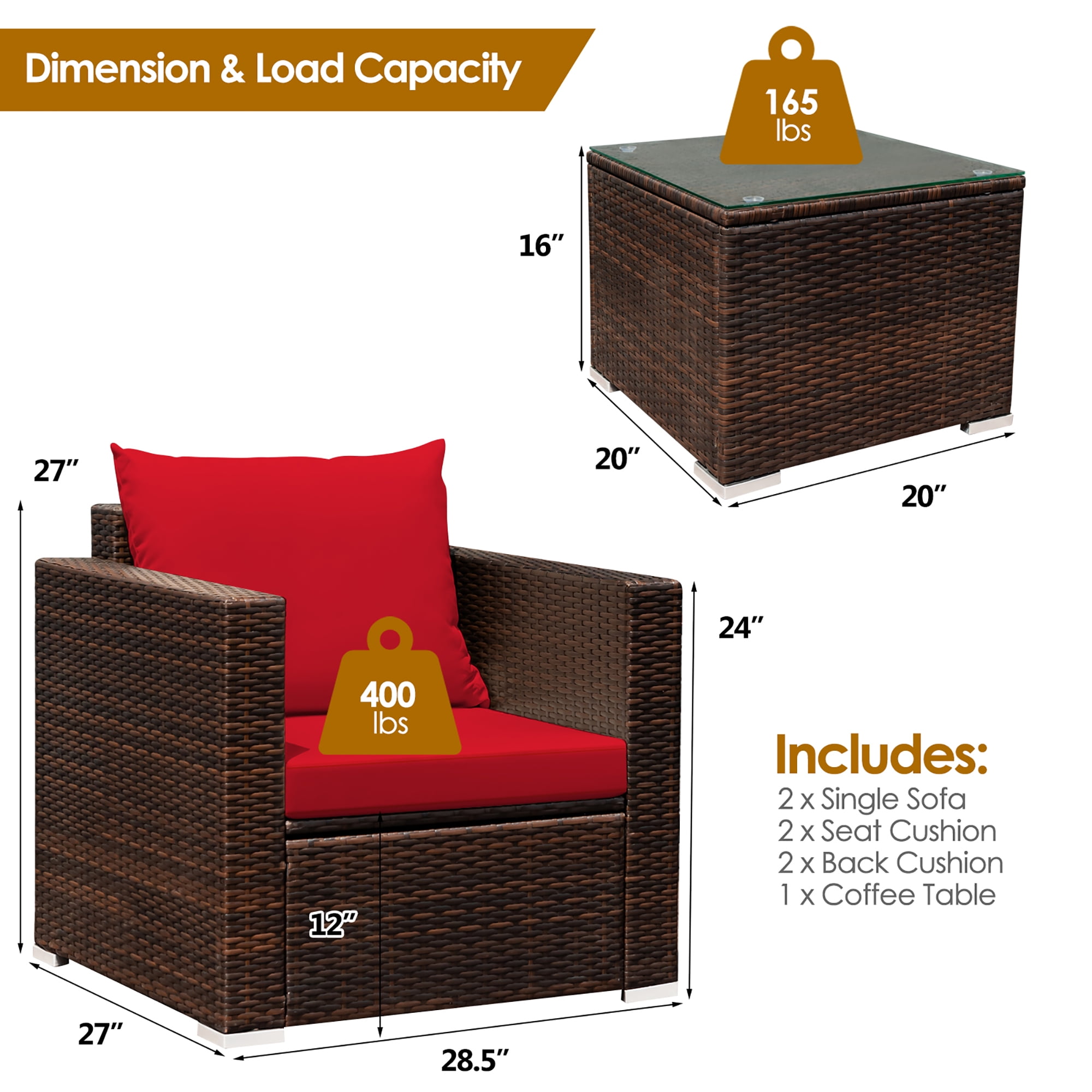 Costway 3PCS Patio Rattan Furniture Set Conversation Sofa Cushioned Garden Red