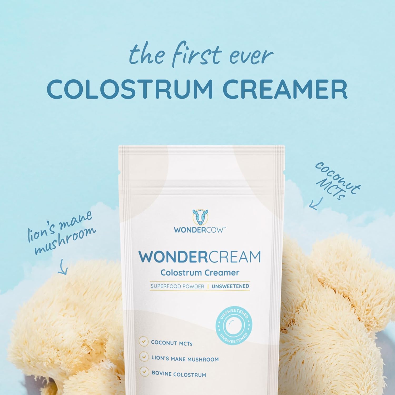 WONDERCOW Bovine Colostrum Superfood Creamer Supplement Powder w/Organic Lions Mane Mushroom & Coconut Milk Powder MCTs | Functional Sugar Free Keto Coffee, Smoothie & Drink Mix Unsweetened