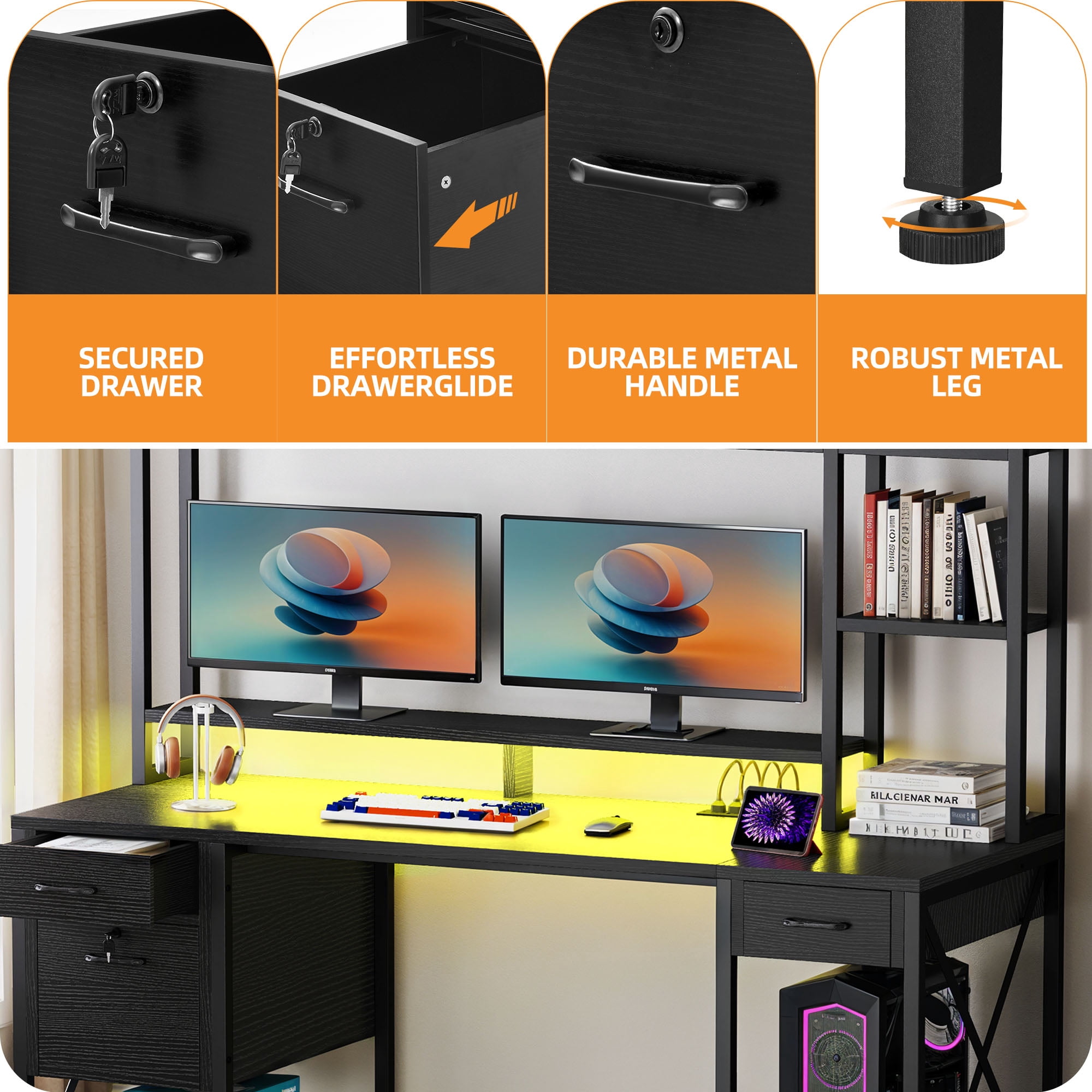 Uforic Computer Desk with Hutch& Led Light, Gaming Desk with Power Outlets, Home Office Desk, Black