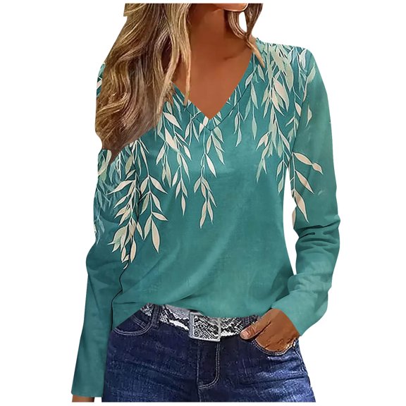 EchfiProm Womens Long Sleeve Tops Green Relaxed Fit Fall V-Neck T-Shirt for Ladies Graphic