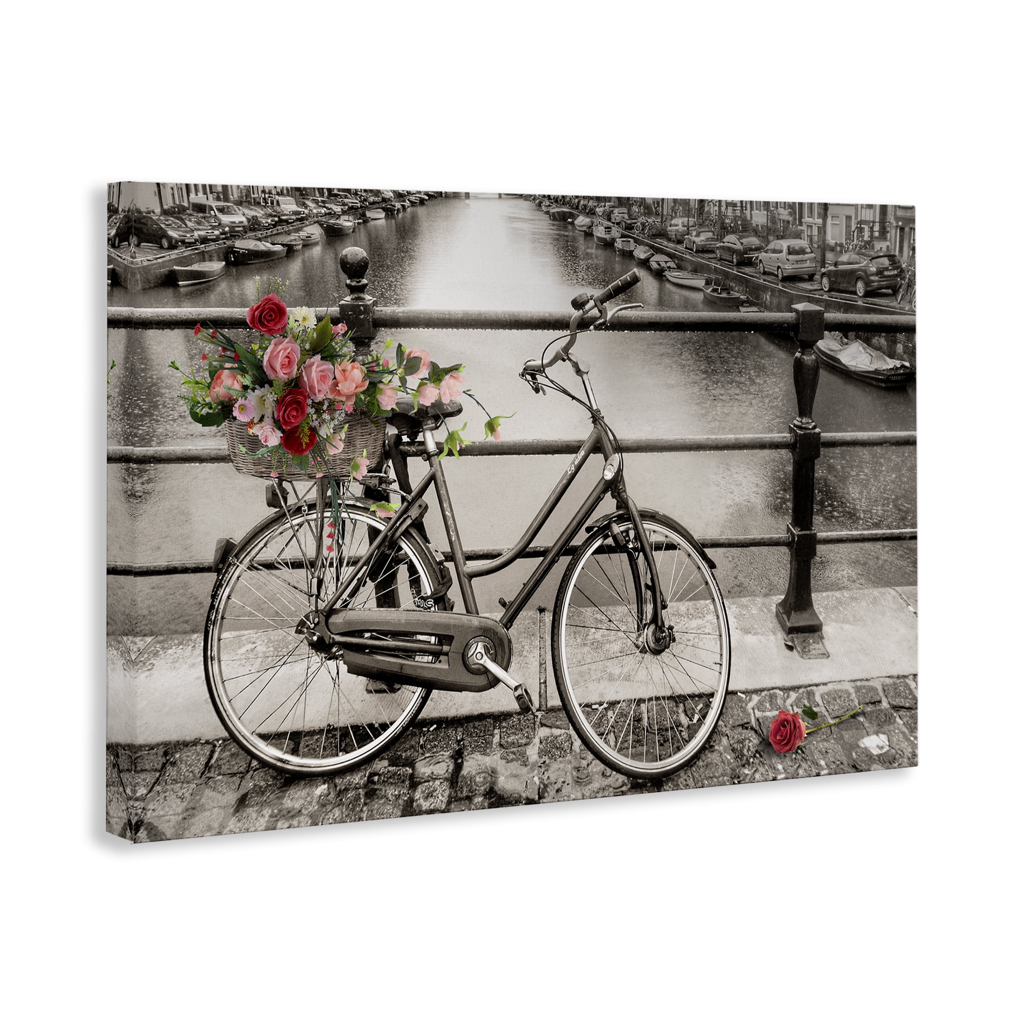 Stupell Industries Rose Filled Bike over Canal Transportation Painting Wrapped Canvas Art Print Wall Art, 30 x 20