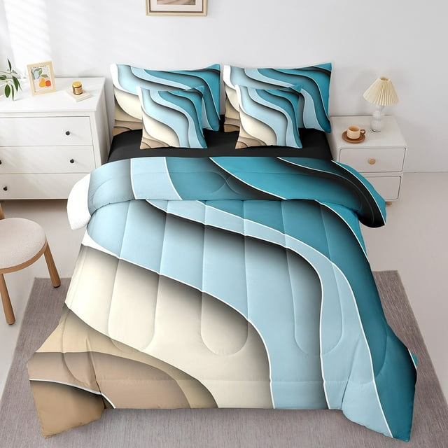 YST Ensemble de Literie Dégradé Bleu Beige Brun 7 Pcs, Lit Simple