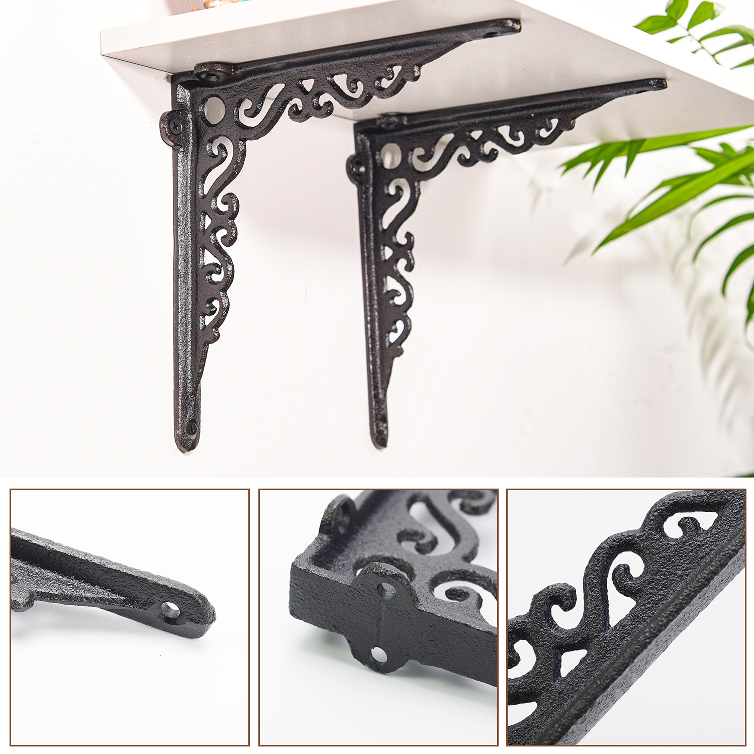 Sungmor 7.3" Cast Iron Shelf Brackets, Wall Hanging Support, Black, 2-Piece