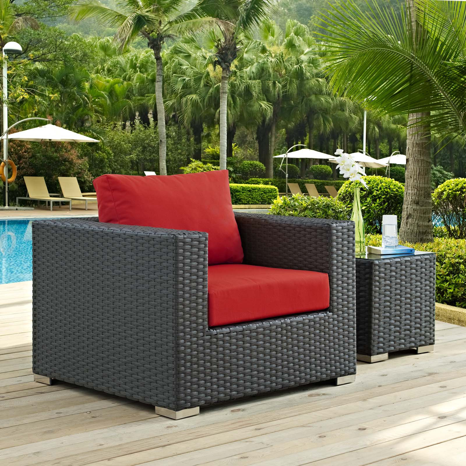 Modern Contemporary Urban Design Outdoor Patio Balcony Garden Furniture Lounge Chair Armchair, Sunbrella Rattan Wicker, Red - image 2 of 4