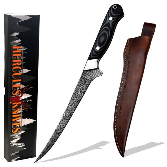 Hercules Knives Custom Hand Forged Damascus Steel Fillet Knife Fisherman's Filet G-10 Micarta Handlle Leather Sheath Fixed Blade Handmade Knife Ultra Sharp Edge