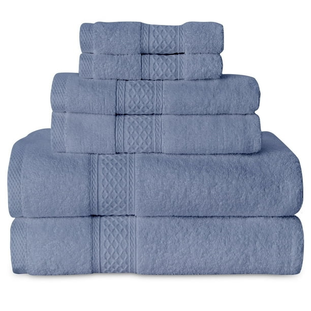 Gogreen Juego de Toallas de Baño 100% Algodón de 6 Piezas, 2 Toallas de Baño, 2 Toallas de Mano y 2 Toallitas, Toallas Muy Absorbentes para Baño, Gimnasio, Hotel (Azul)