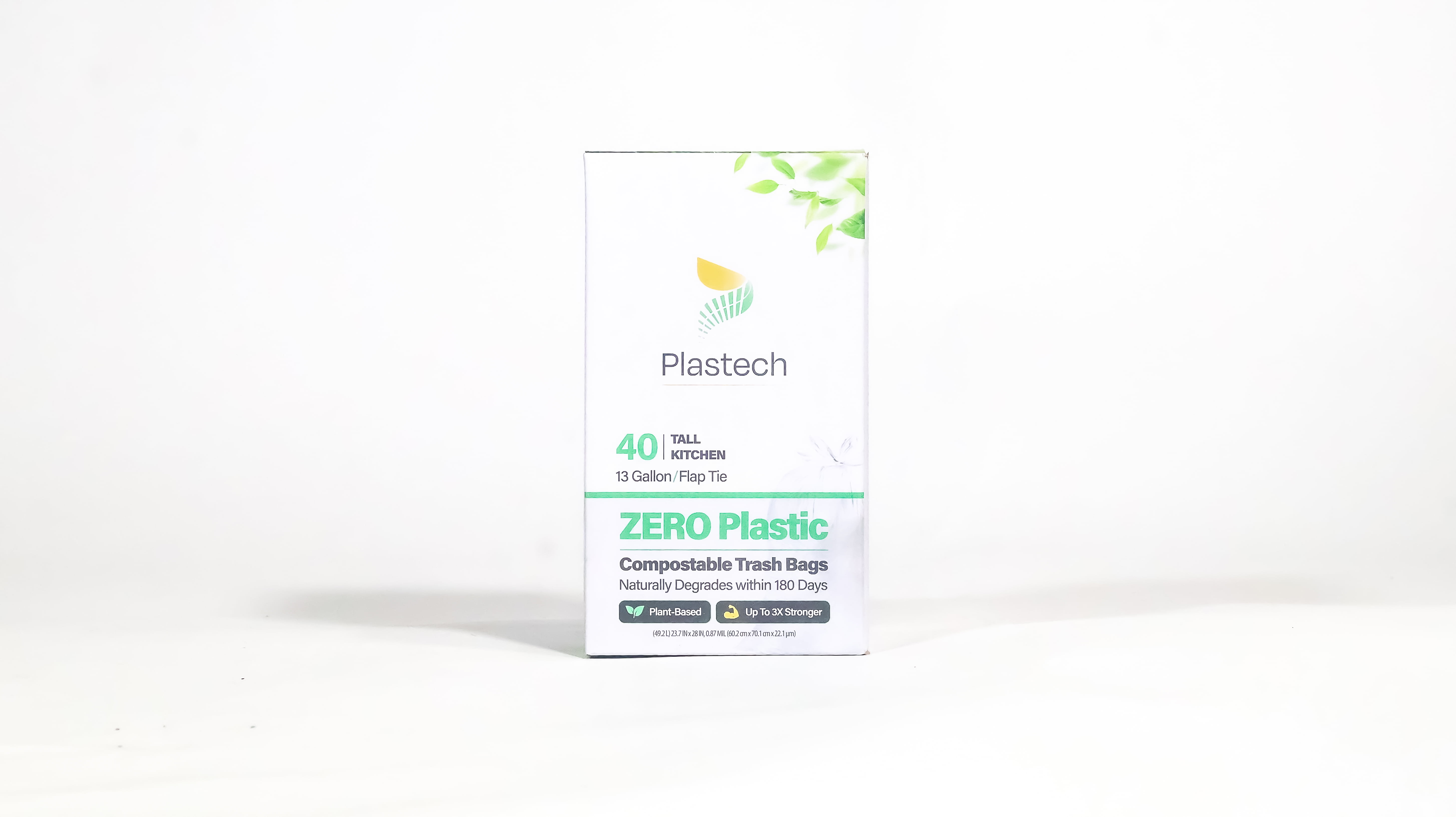 Plastech 13 Gallon Trash Bags with Flap-Tie - ZERO Plastic, 100% Certified Home Compostable, Plant-Based, Kitchen, White, 480 Bags, 23.75 x 28 inches, 12 Retail Boxes