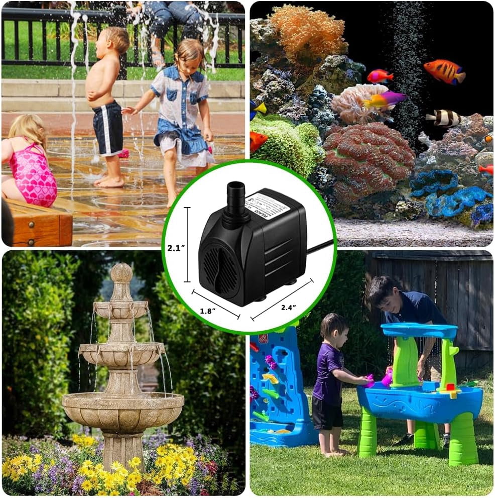 160GPH Small Fountain Pump, Ultra Quiet Submersible Water Pump (600L/H, 10Watt) with 3.3 ft Tubing for Aquariums, Pond Fountain, Water Feature, Indoor Fountains