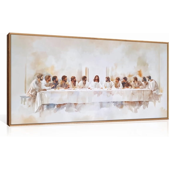 Jesus Last Supper Framed Canvas Wall Art , Christian Twelve Apostle Wall Decor, Bible Renaissance wall Painting, Religious Picture Art Print for Living Room, Bedroom, Church, Large 20"x40"