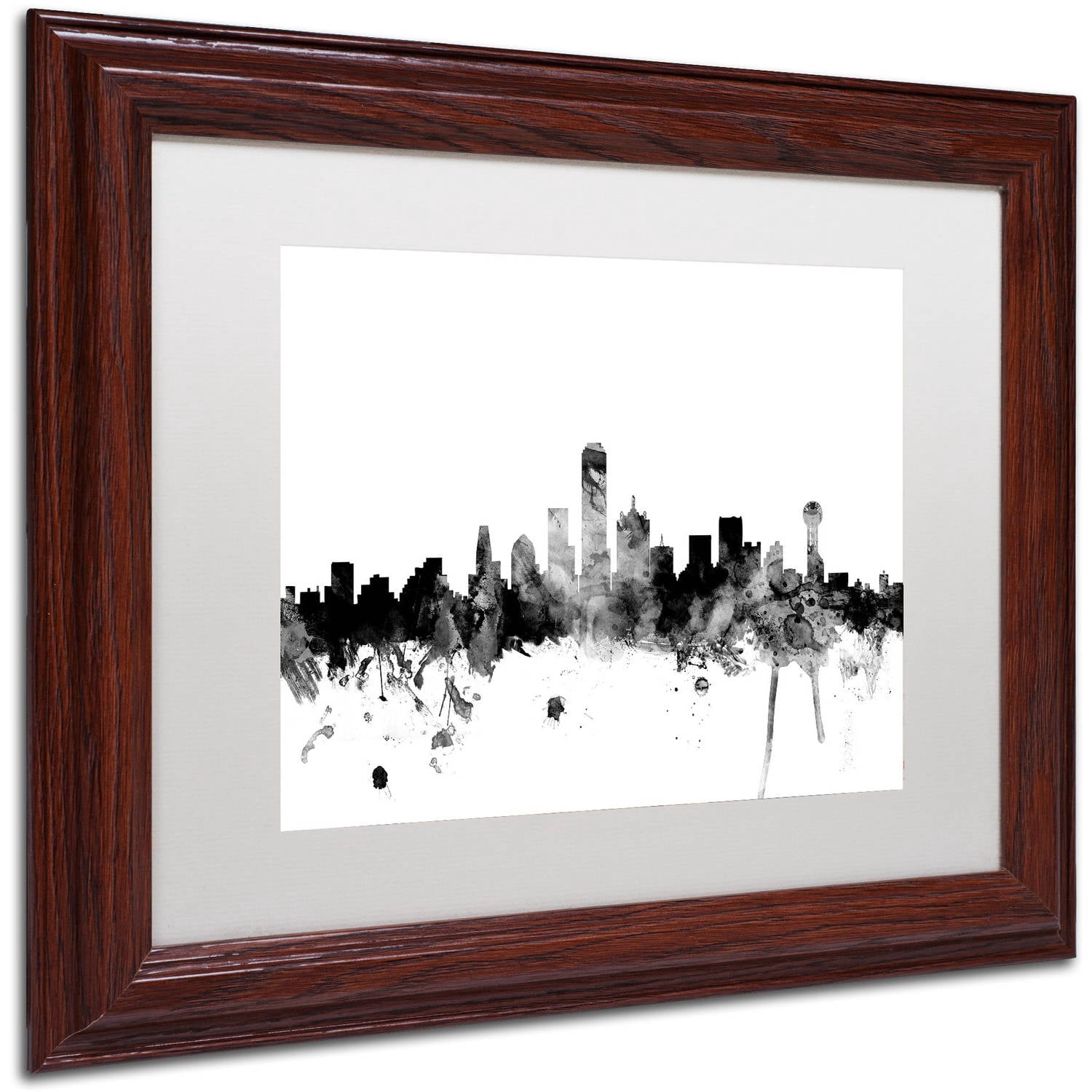 Trademark Fine Art "Dallas Texas Skyline B&W" Canvas Art by Michael Tompsett, White Matte, Wood Frame