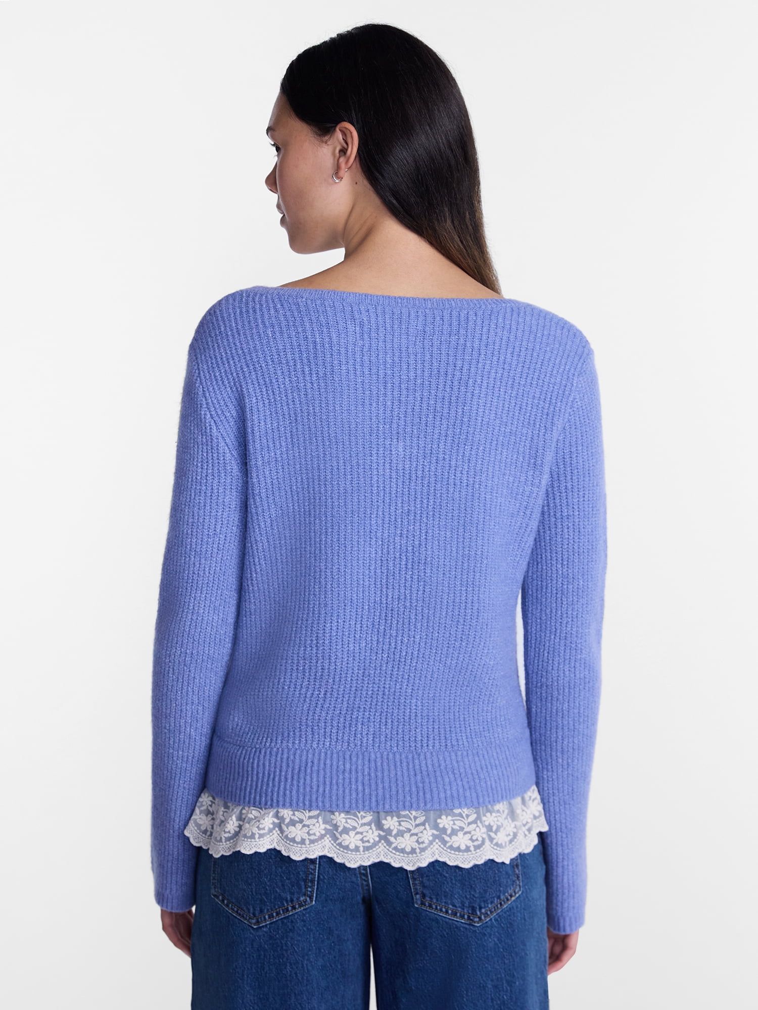 No Boundaries V-Neck Pullover Sweater with Lace Trim, Women's, Sizes XS-XXXL