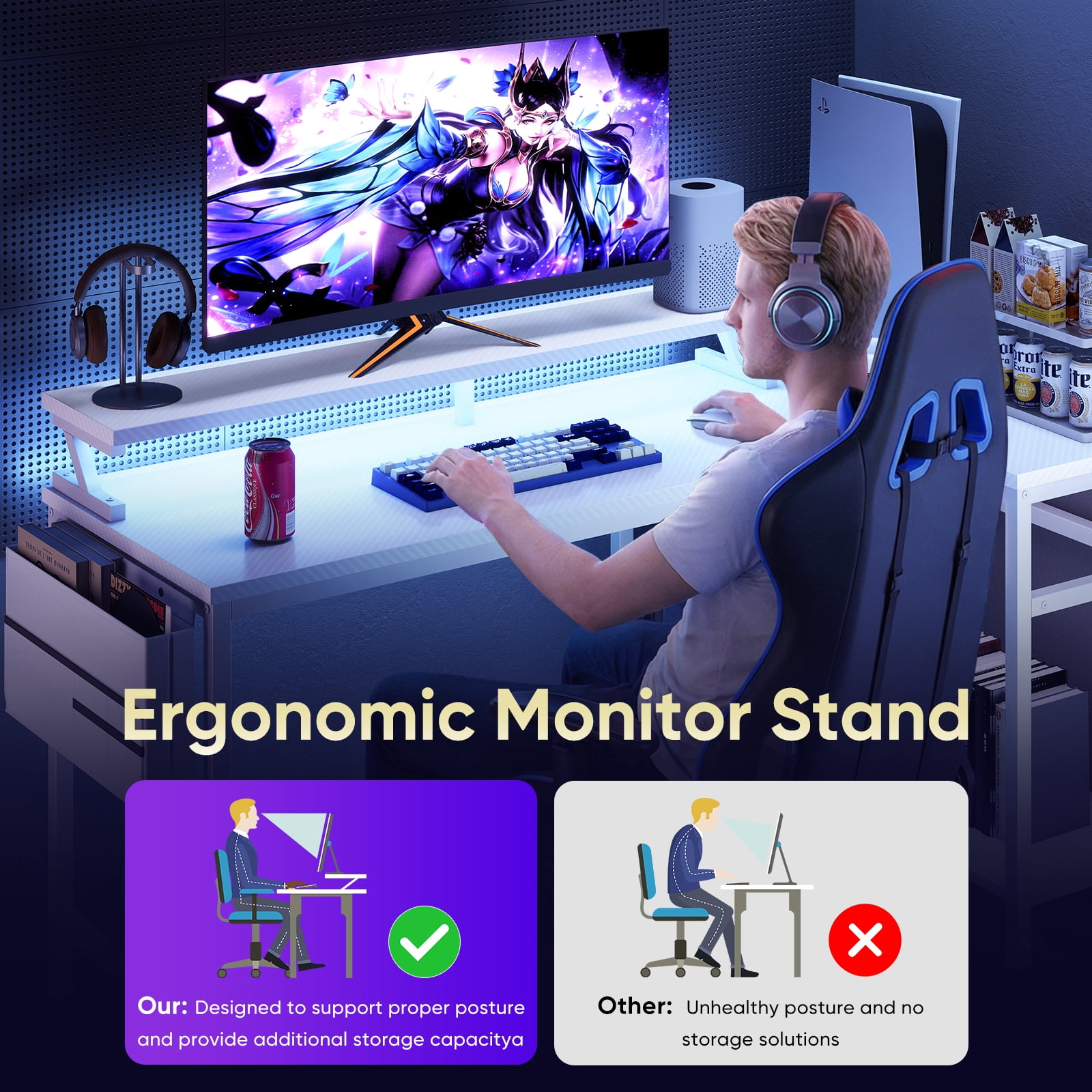 Gianna L-Shaped Gaming Desk with LED Lights, USB-C Charging and Monitor Stand