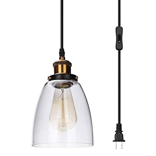 EE Eleven Master Pendant Light with Plug in 15Ft Braided Cord and Switch Rustic Hanging Lamp with Strong Glass Shade Vintage Bronze Swag Lighting for Kitchen Island Dining Room Bar Counter(1 Light)