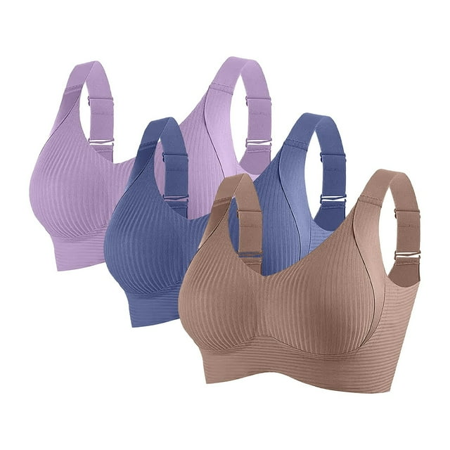 HongQid 3PCS Seamless Push-Up Bra, Women's Ribbed Push Up Adjustable Wireless Bra, Sports Bras