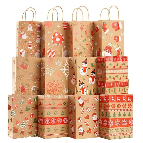 24pcs Kraft Christmas Bags with Handles, Medium Paper Gift Bags for Holiday Party Favors and Decor Supplies