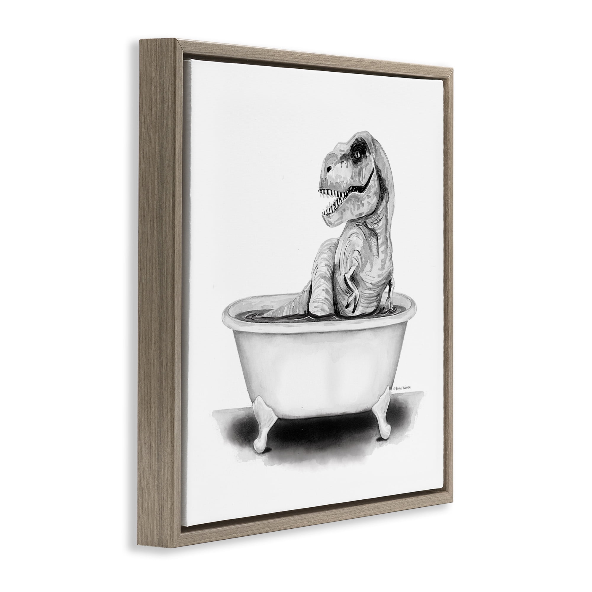 Stupell Industries Funny T-Rex Bathtub Washroom Animals & Insects Painting Brown Floater Framed Canvas Art Print Wall Art, 25 x 25