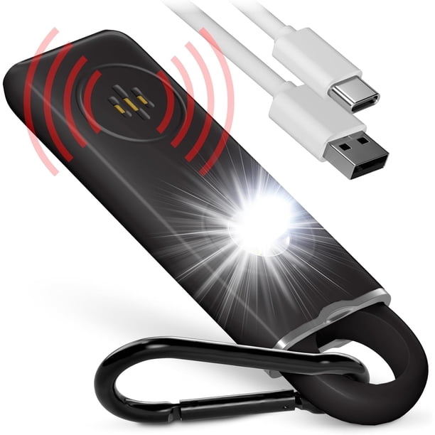 Llavero de alarma personal para la protección de la seguridad de las mujeres – USB recargable 130 dB Silbato de sonido de sirena de autodefensa con luz led – Alerta de seguridad de emergencia