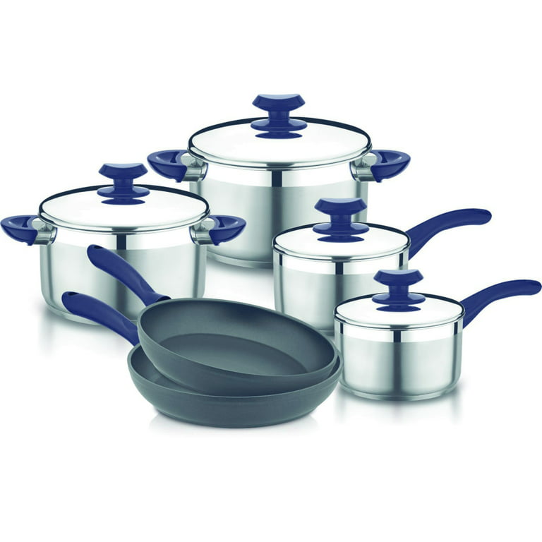 YBM Home 18/10 Tri-Ply Stainless Steel Pots and Pans Cookware Set 10  Pieces, Blue 