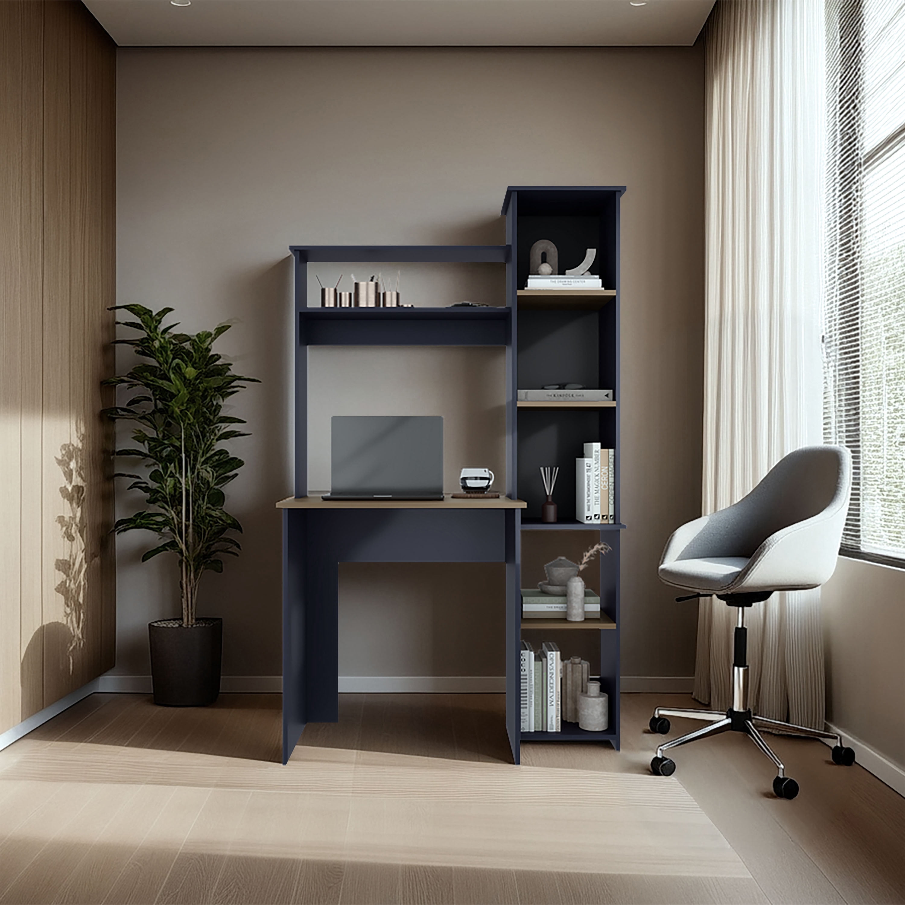 Versalles Writing Desk, Modern Studio or Office Desk, Two Superior Shelves, And Five Side Open Shleves For Books Organization, Navy Blue