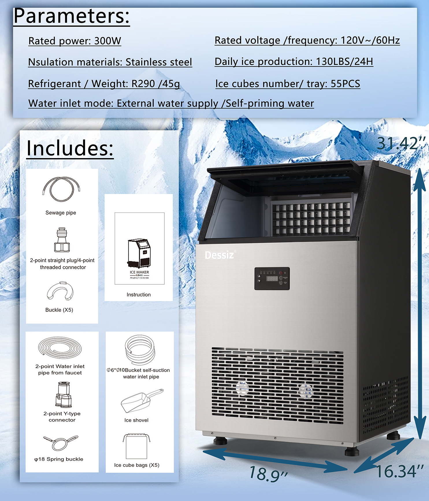 Dessiz Commercial Ice Maker Machine, 130Lbs/24H with 40Lbs Large Capacity, 55Pcs Ready in 8-15Mins, Under Counter Stainless Steel Ice Machine for Home Party Bar, Self-Cleaning and Quite