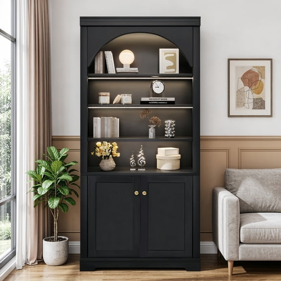 2-Door Wooden Display Bookshelf Office Hutch, Bookcase with 4-Layer LED Lighting Shelves, Storage Cabinet with Adjustable Shelf
