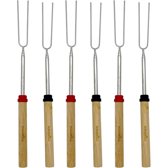 Nexgrill Extendable Roasting Grill Fork Stick, 6-Pack 32" Roasting Sticks, Dual Fork Grilling & Cooking Accessory for BBQs, Tailgating, Camping, Outdoor Cooking, 530-0023G
