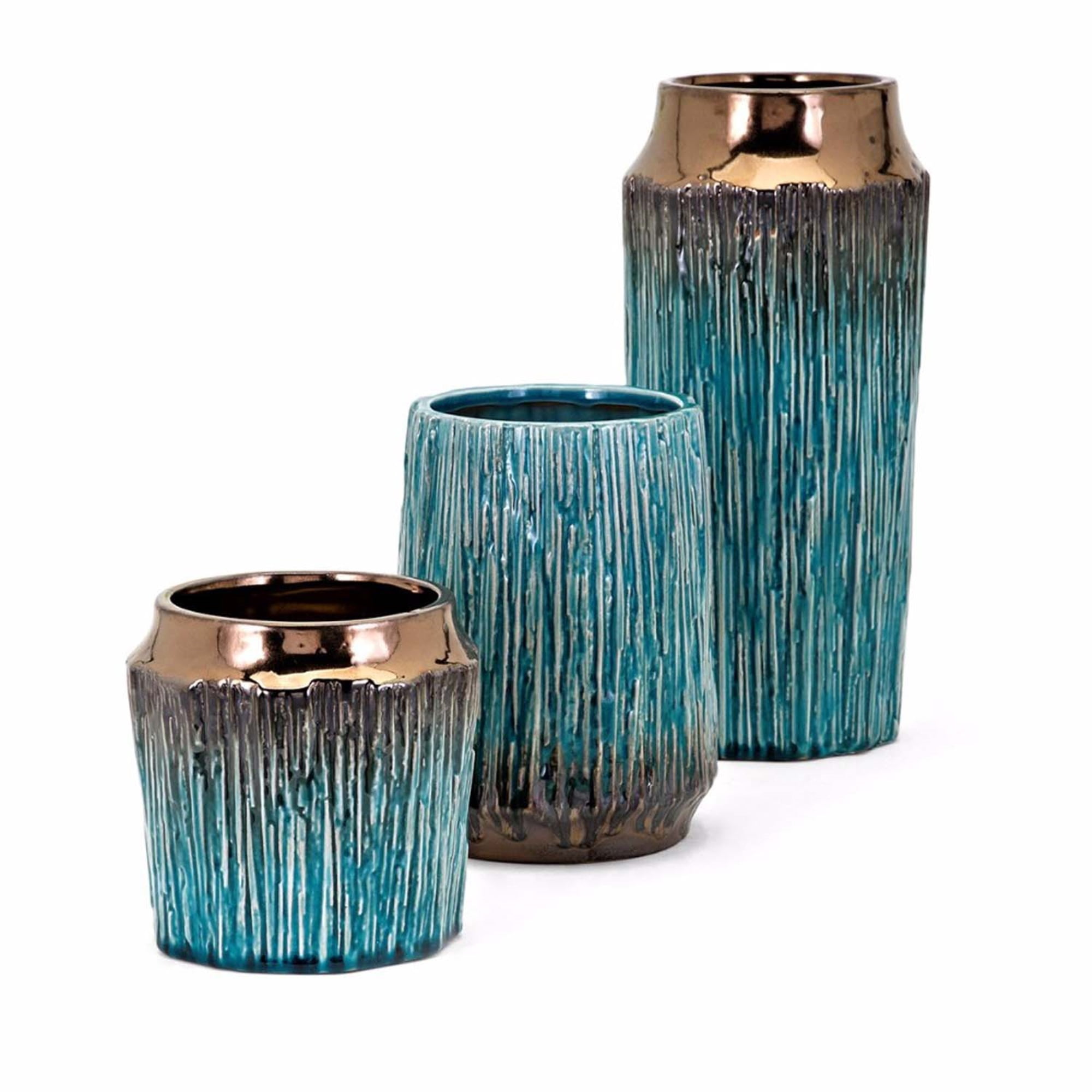 Decorative Clay Vases with Engraved Texture and Rustic Details, Blue
