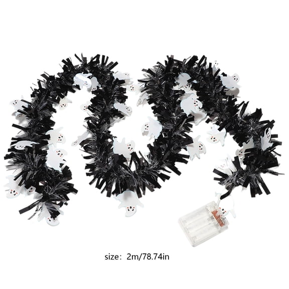 Halloween Tinsel Garland with Lights, 6.56ft Battery Operated Glitter Metallic Garland and String Lights for Porch Fireplace Stairs Decor