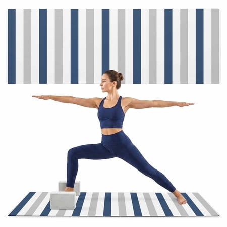 Yoga Mat Navy Blue Grey Striped Yoga Mats with Strap & Shortage Bag Non Slip Workout Mats Absorbent Cushion Pad Vertical Stripes Exercise Mat for Yoga Pilates Stretching Home Gym 72 x32