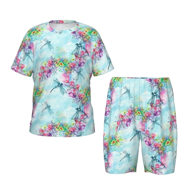 Balery Dragonfly Floral Conjunto de Pijama Infantil de Manga Corta con Estampado – Ropa de Dormir de Algodón Suave-Large