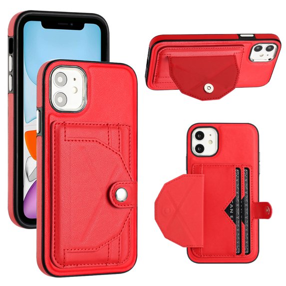 ELEHOLD Leather Wallet Case For iPhone 12 Pro / 12 6.1",Premium Leather Material with Back Card Holders Magnetic Button Full Body Shockproof Luxury Case,Red