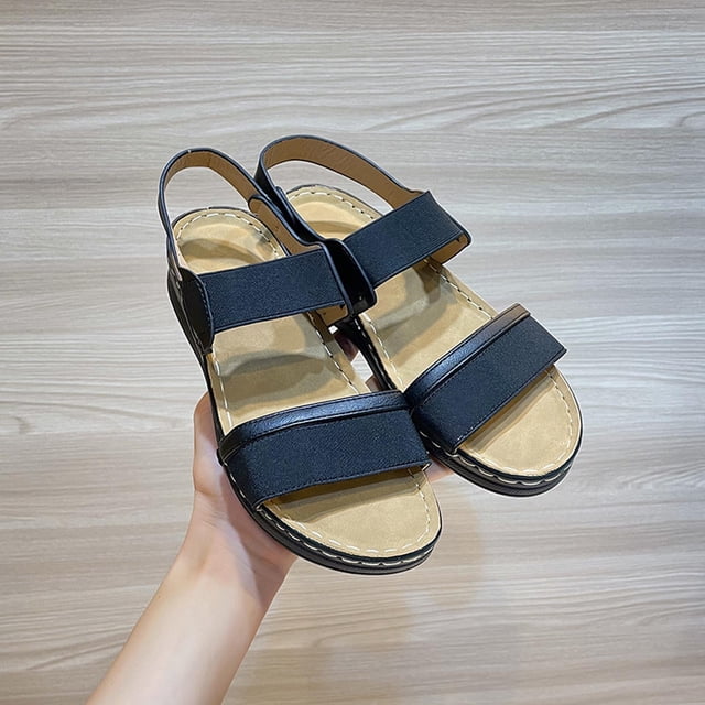 WIZUTIZ Sandales Compensées pour Femmes Sandales Confortables pour Bal de Promo Sandales de Plage Élastiques à Enfiler Bout Rond Chaussures d'Été Talon Bas (1 Pouces-2 Pouces) Sandales Solides Nouvelles Arrivées Quotidiennes Noir