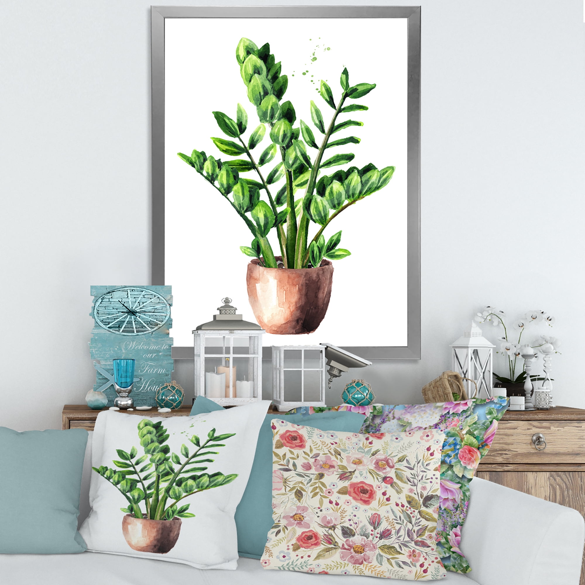 Designart 'Zamioculcas Tropical Plant With Green Leaves On White' Traditional Framed Art Print