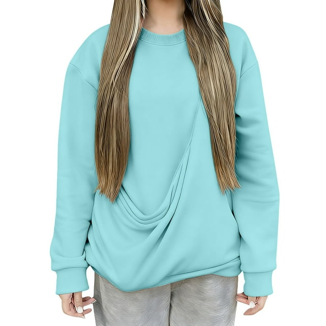 Duoif Chandails d'Automne pour Femmes, Haut de Mode pour Femmes - Chandail Décontracté à Col Rond avec Poche Chandail pour Femmes Bleu Ciel P
