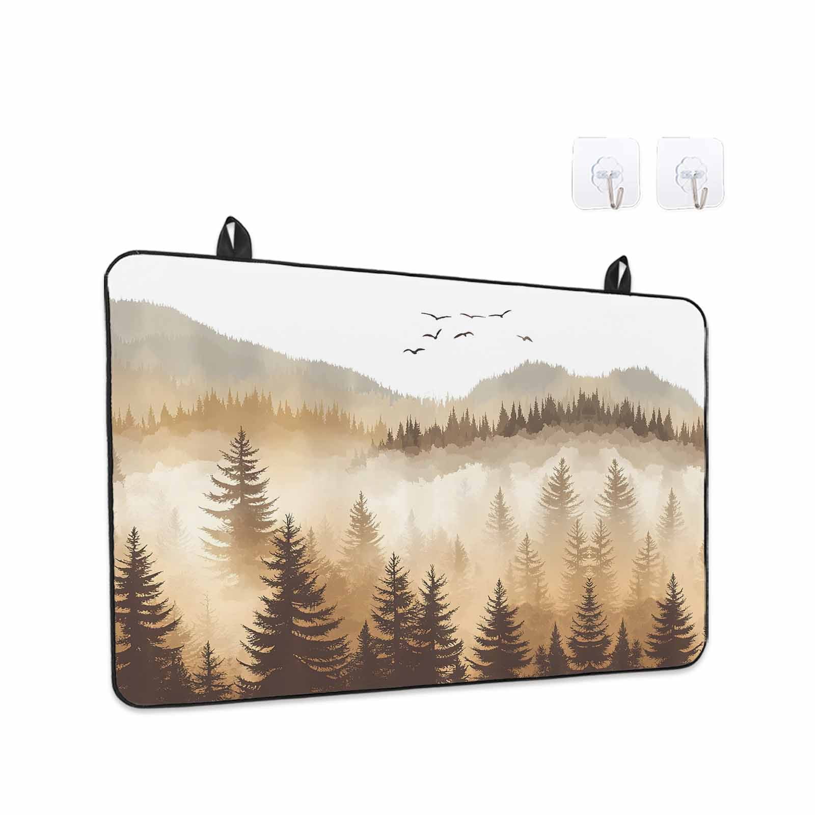 Burly Wood Trees Stove Top Cover for Electric Stove, Heat-proof & Non Slip Glass Top Stove Cover Protector, Forest Mountain Birds Retro Watercolor Kitchen Flat Cooktop Rubber Mat 24x21 Inches